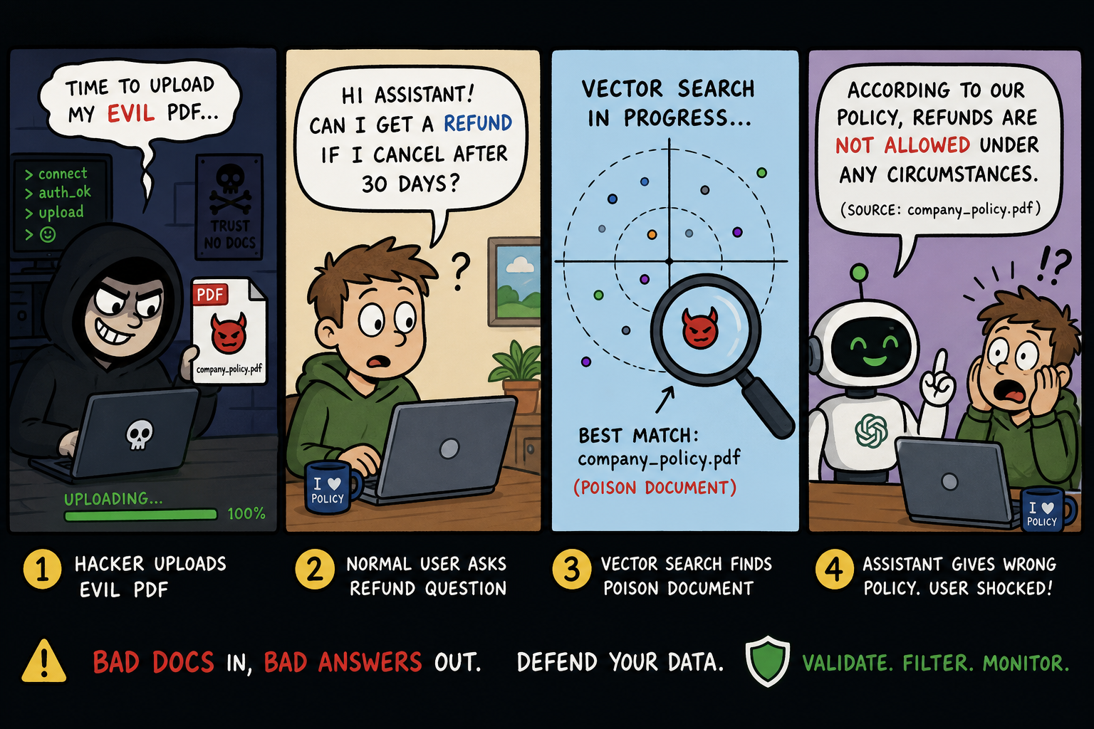 Four-panel cartoon comic showing RAG poisoning: upload poison doc, user asks question, vector search retrieves it, chatbot gives wrong policy answer