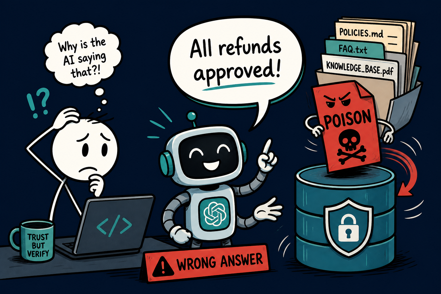 Cartoon illustration of a chatbot giving a wrong refund answer while a poisoned document slides into a vector database