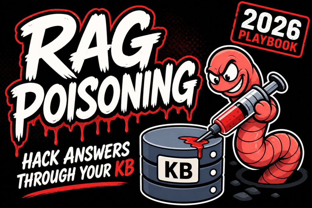 Cartoon RAG Poisoning 2026 Playbook thumbnail with worm injecting a database