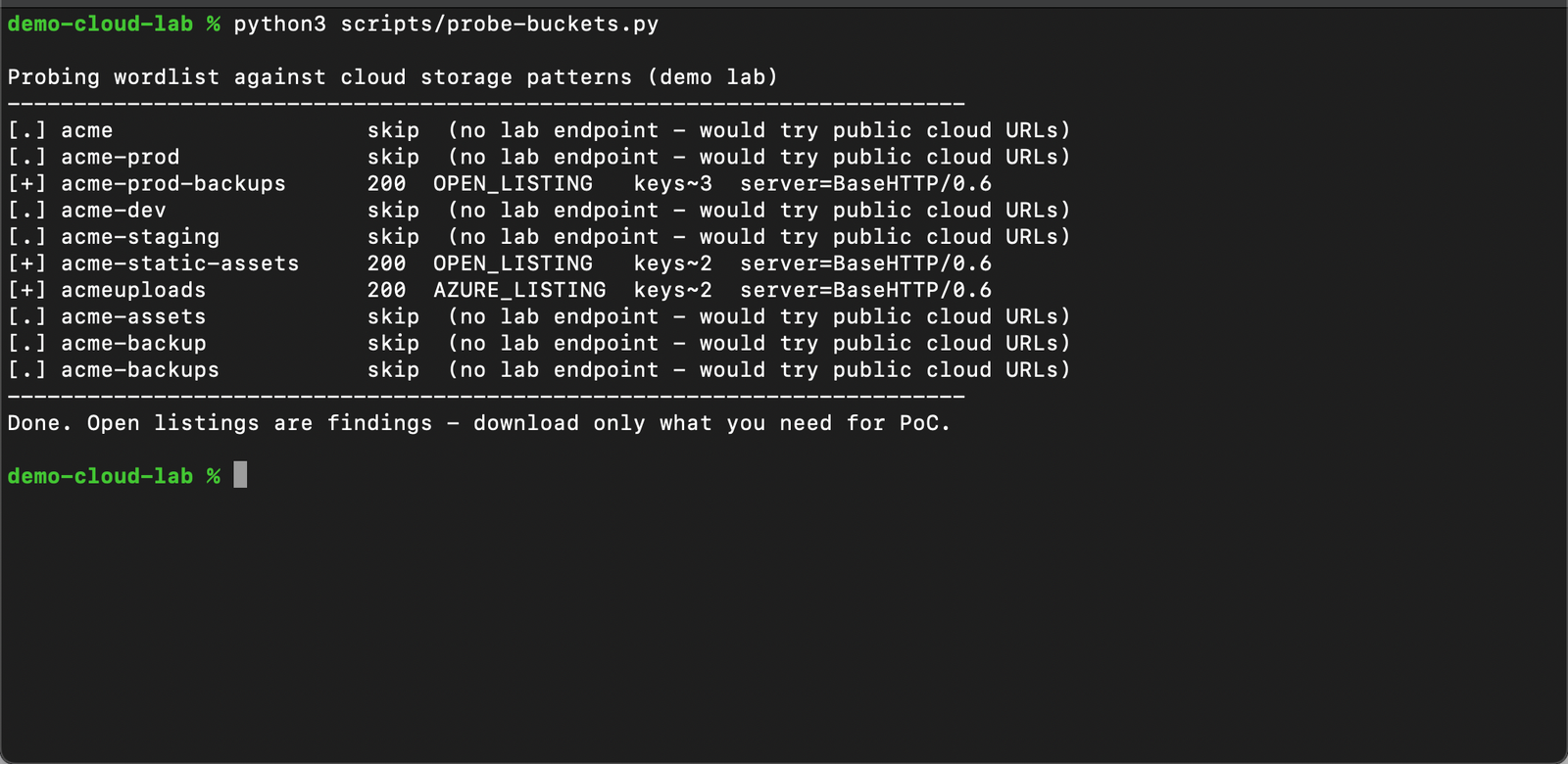 Terminal: probe-buckets.py wordlist finds open S3, GCS, and Azure listings