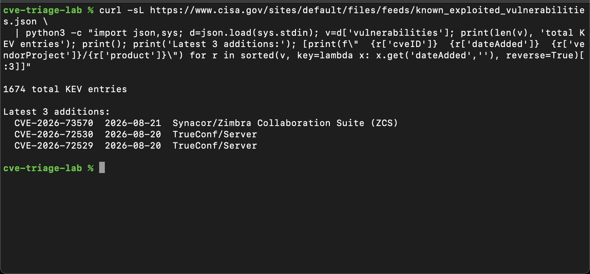 Terminal screenshot: curl against the CISA KEV JSON feed showing 1674 total entries and the latest Zimbra CVE-2026-73570 addition
