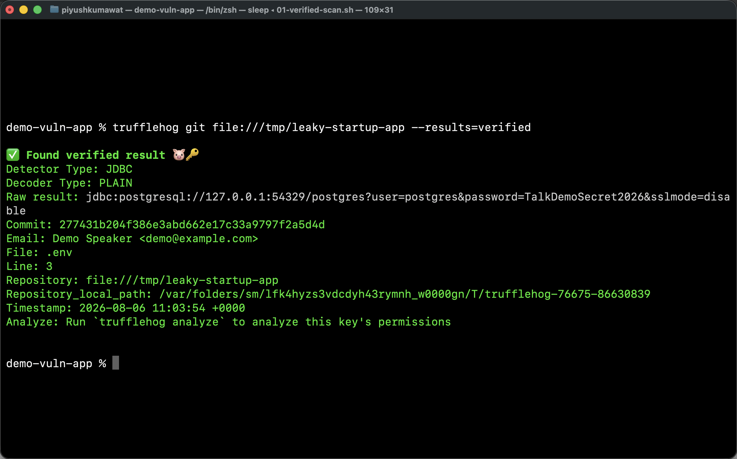 Terminal screenshot: TruffleHog git scan with --results=verified finding a live JDBC Postgres credential in .env and marking Verified true