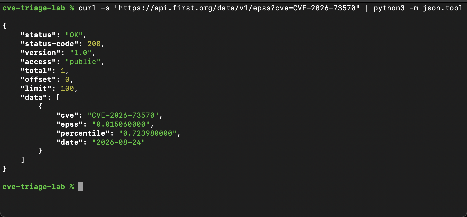 Terminal screenshot: EPSS API lookup for CVE-2026-73570 with score and percentile from api.first.org