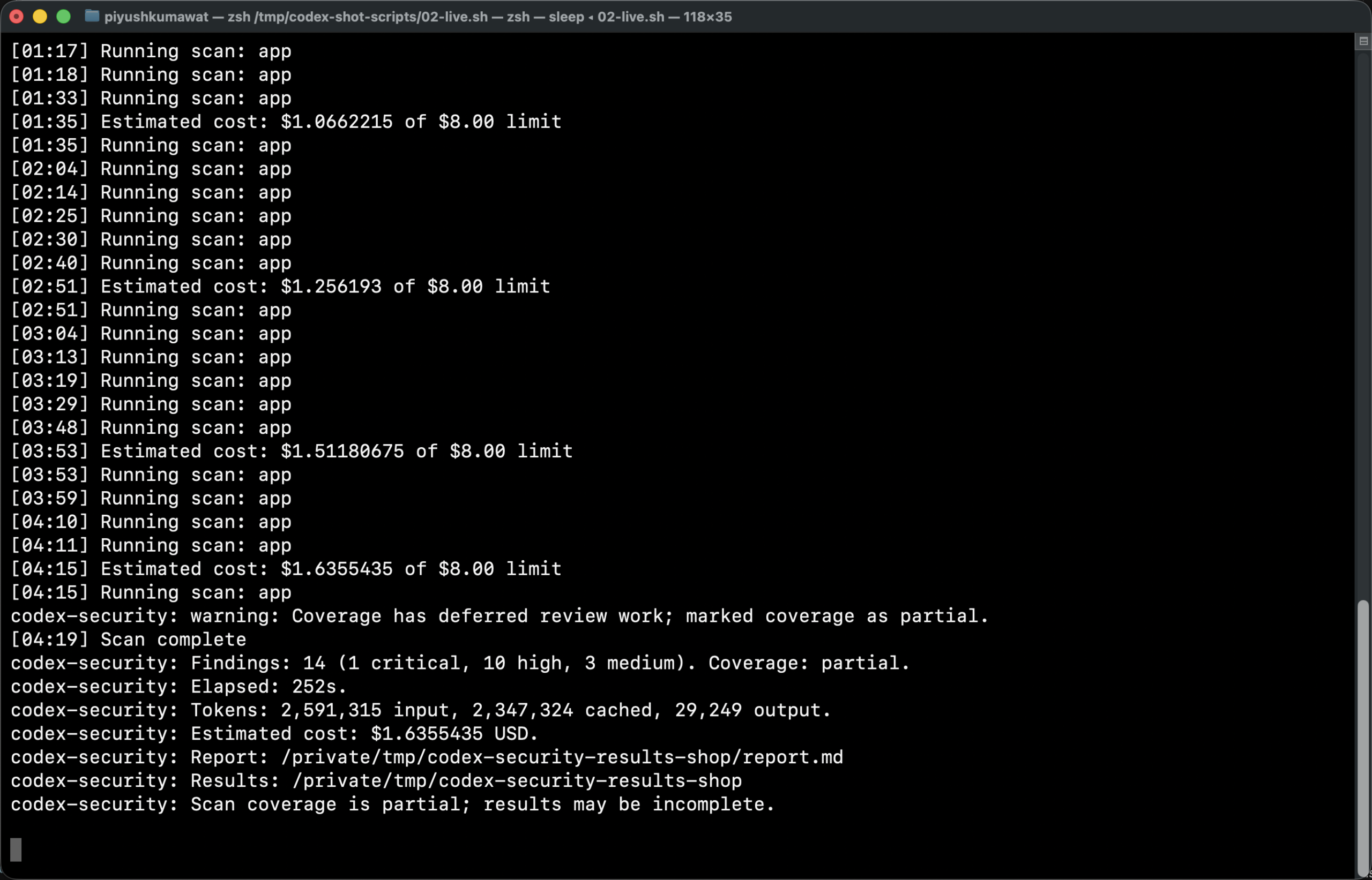 Live Codex Security scan on shop-api-lab: 14 findings, ~$1.64, 252 seconds