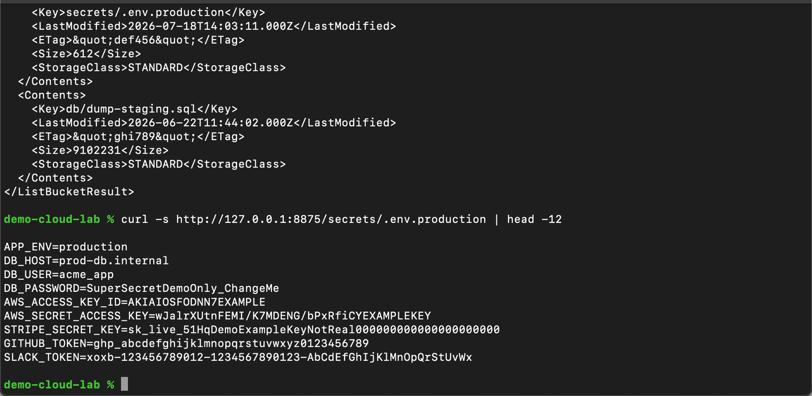 Terminal: curl ListBucketResult for open S3 bucket and secrets/.env.production