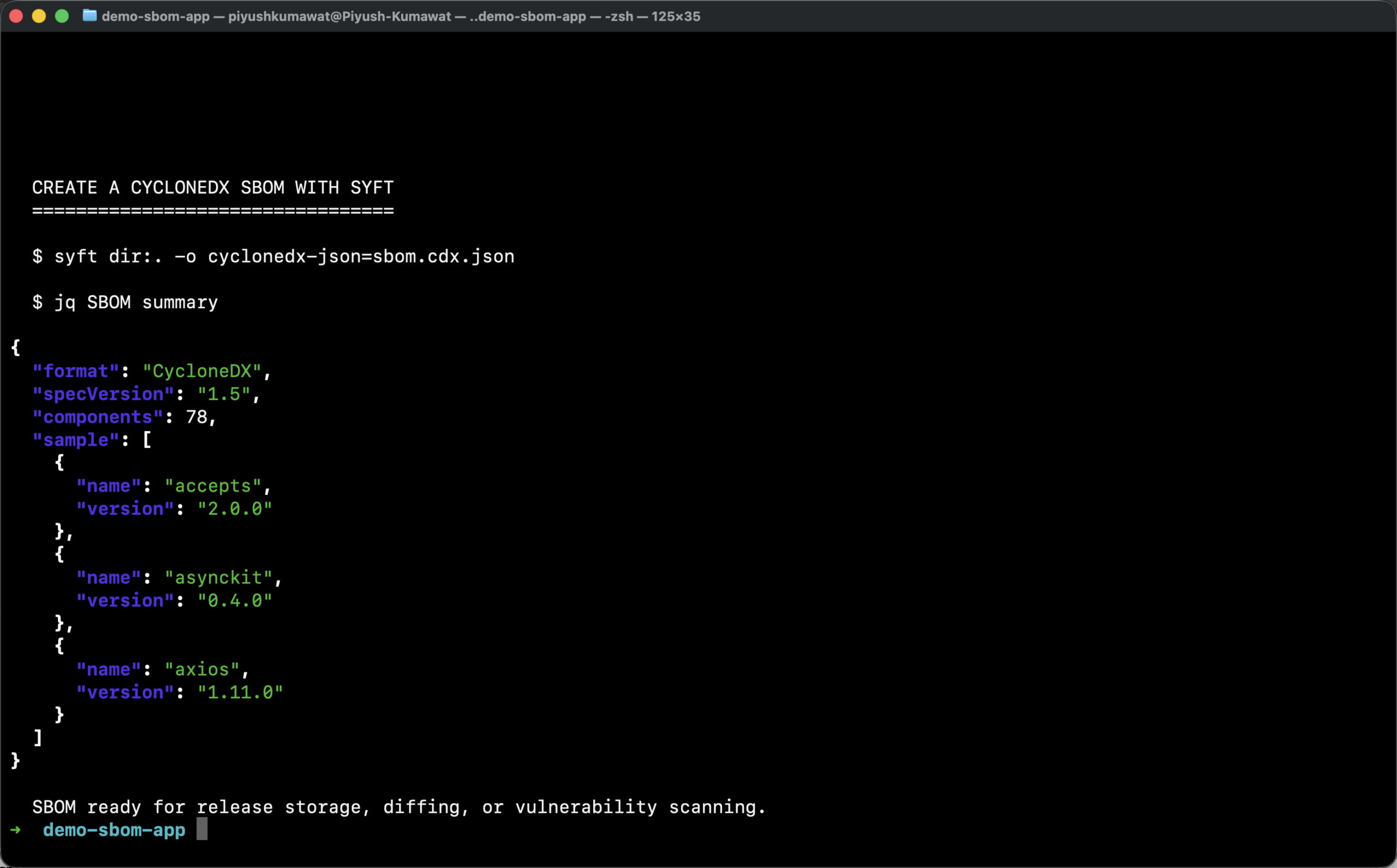 Terminal showing Syft generating a CycloneDX JSON SBOM and jq reporting the format, specification version, 78 components, and sample packages