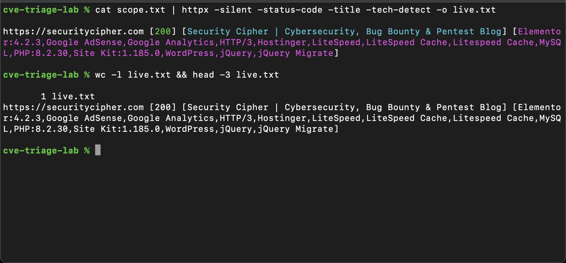 Terminal screenshot: httpx probing scope.txt hosts for status codes, titles, and tech fingerprints, writing results to live.txt
