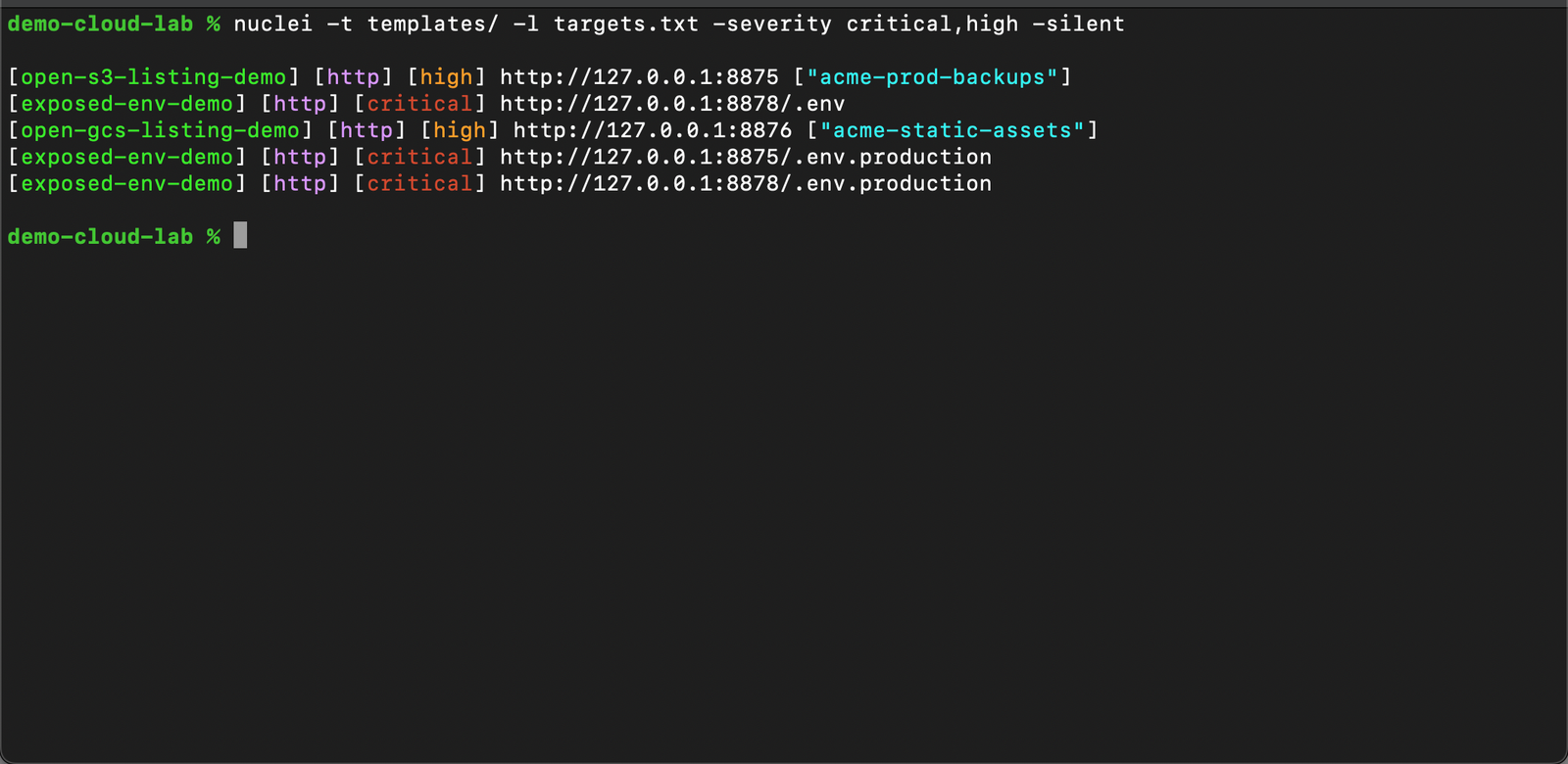 Terminal: nuclei high and critical hits for open buckets and exposed .env files
