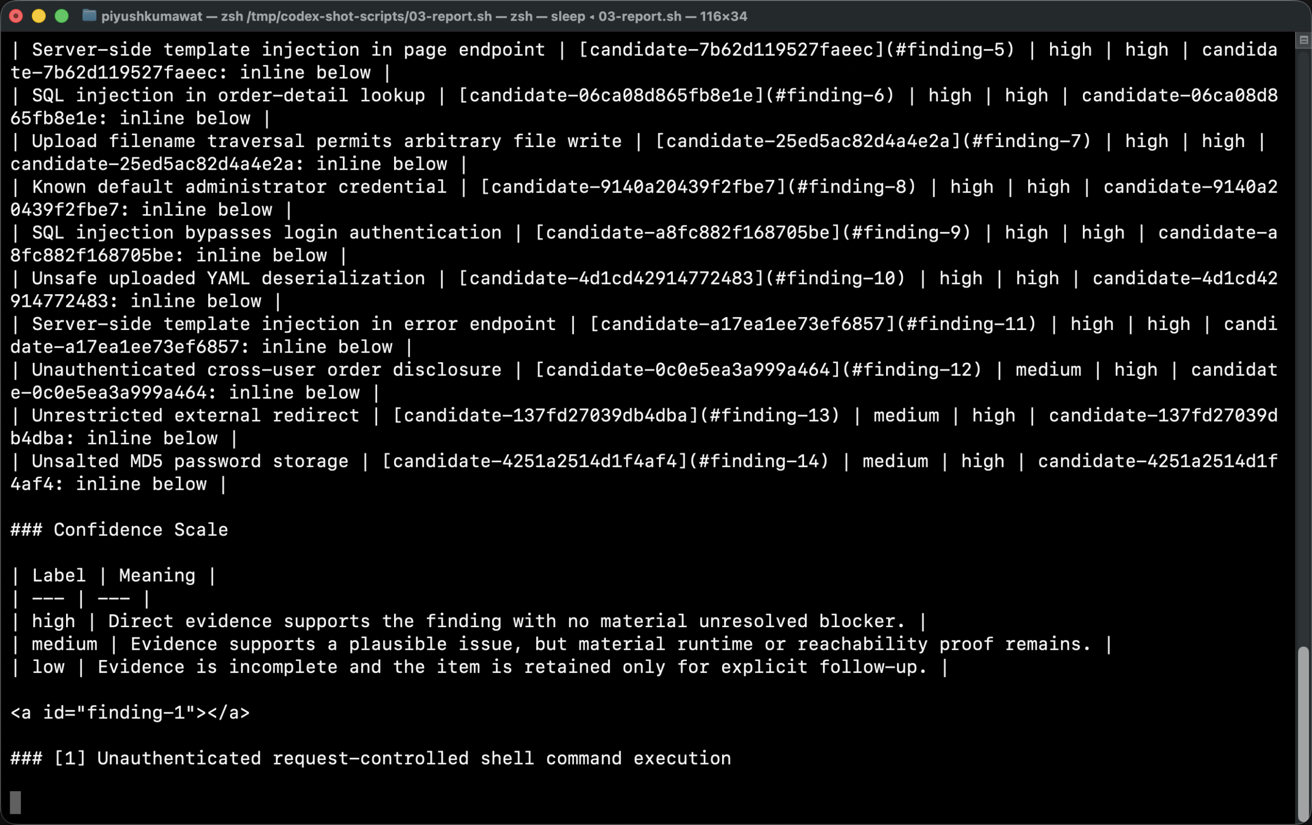 Codex Security report.md with threat model and 14-finding severity table