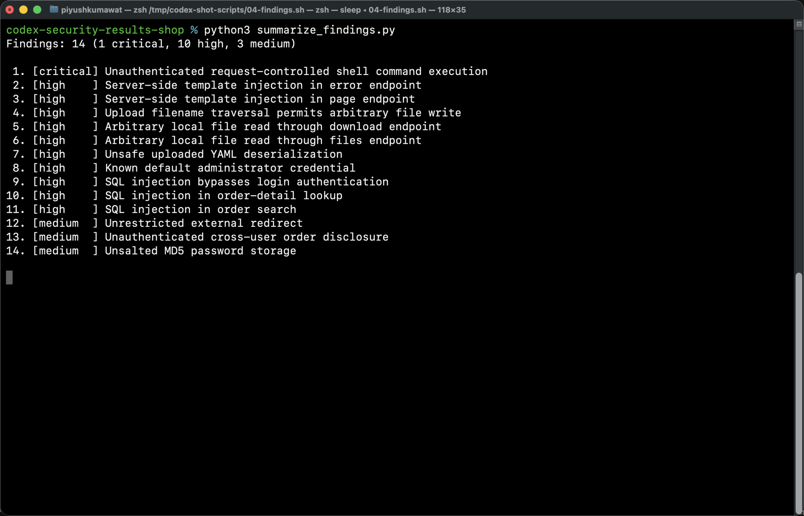 All 14 Codex Security findings listed by severity for the shop API lab