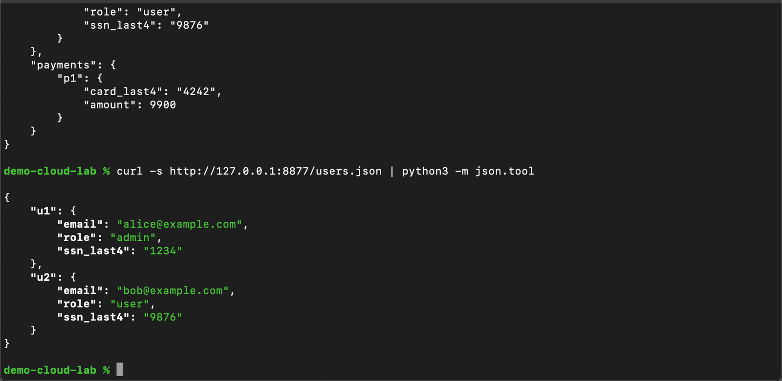Terminal: curl dump of open Firebase realtime database returning user PII JSON
