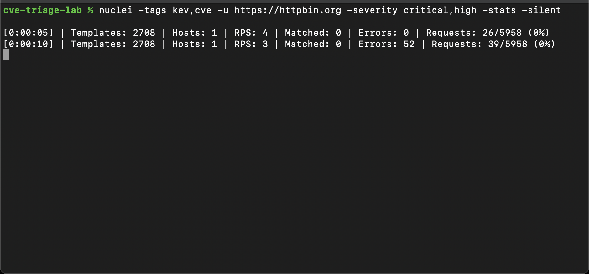 Terminal screenshot: nuclei KEV-tagged scan against httpbin.org showing 2708 templates loaded and live stats output