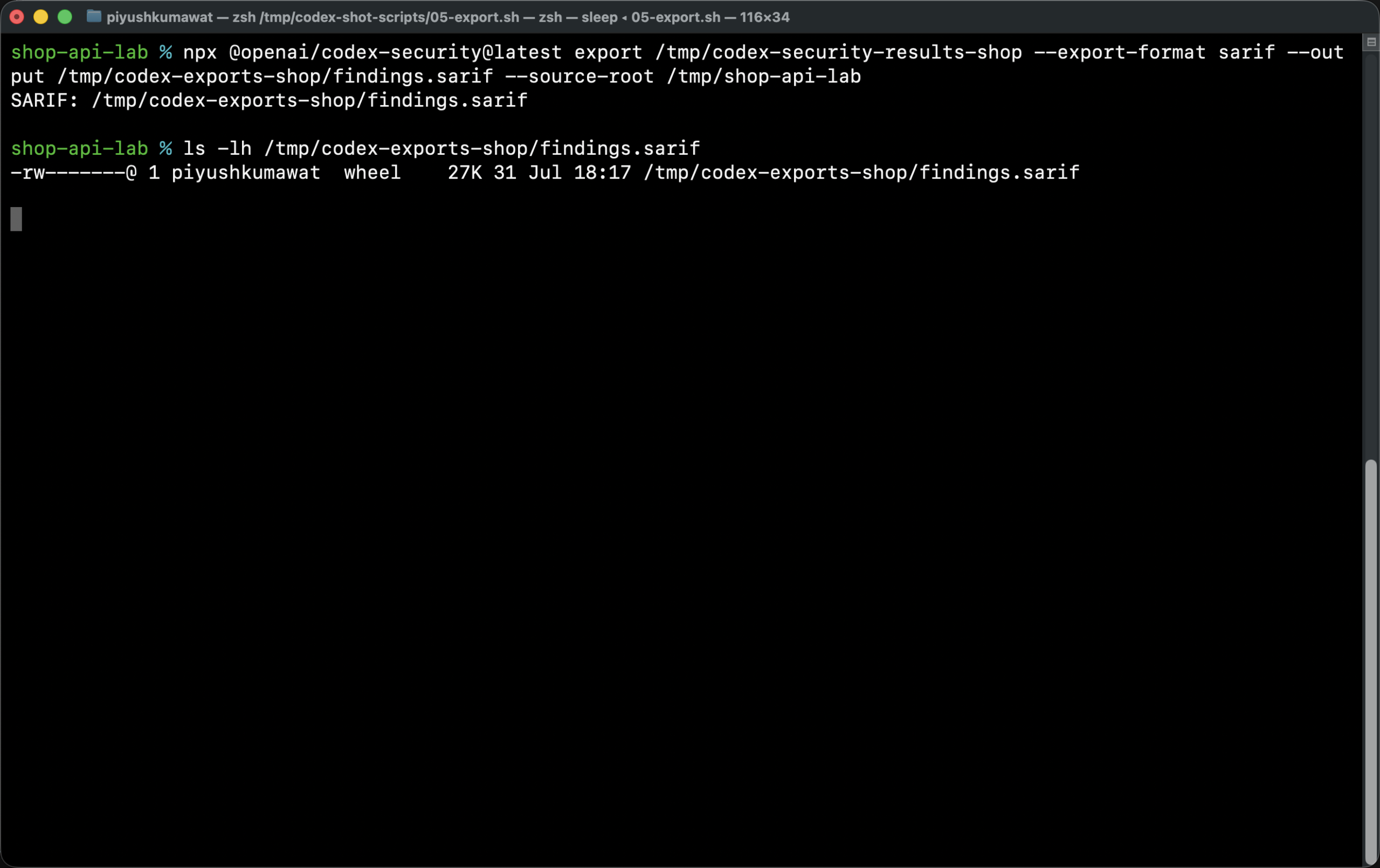 Exporting shop-api-lab findings to /tmp/codex-exports-shop/findings.sarif
