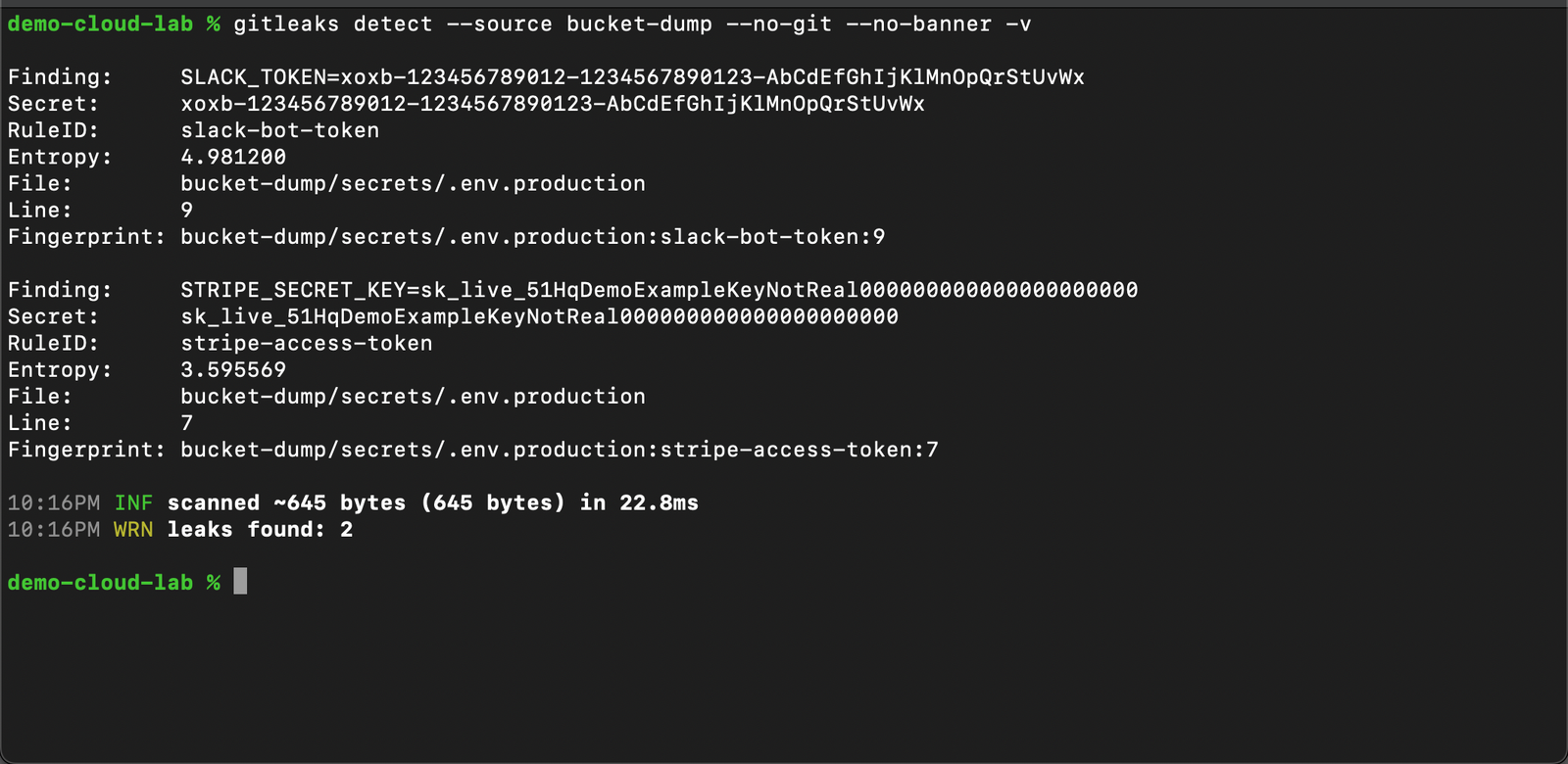 Terminal: gitleaks on dumped bucket objects finding Stripe and Slack secrets