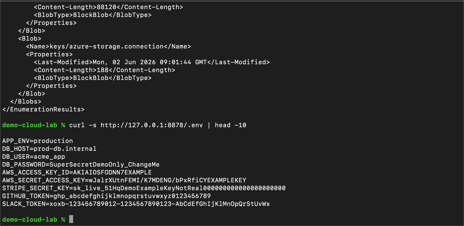 Terminal: Azure blob EnumerationResults listing plus public /.env leak