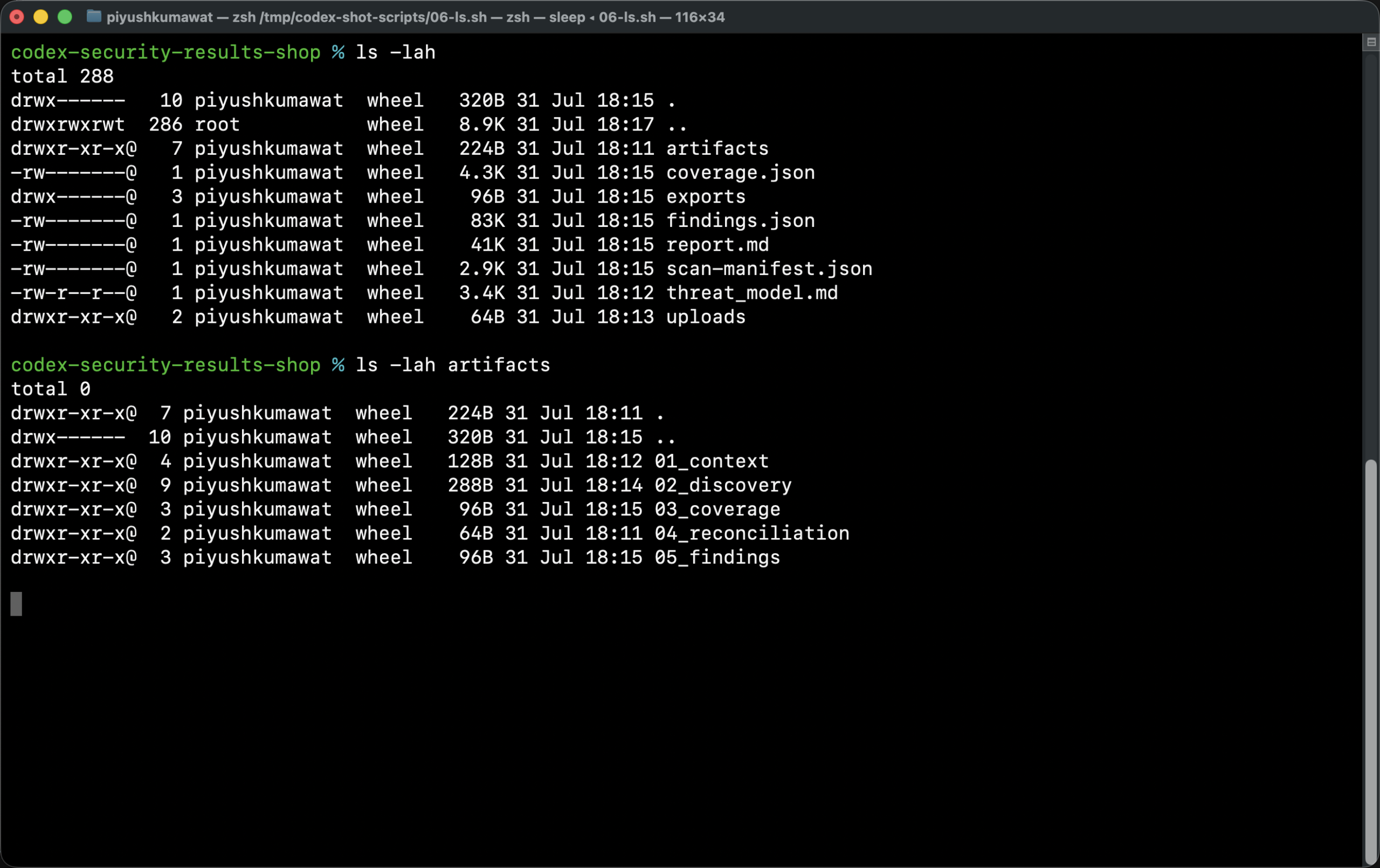 Results directory with report.md, findings.json, coverage.json, and artifacts