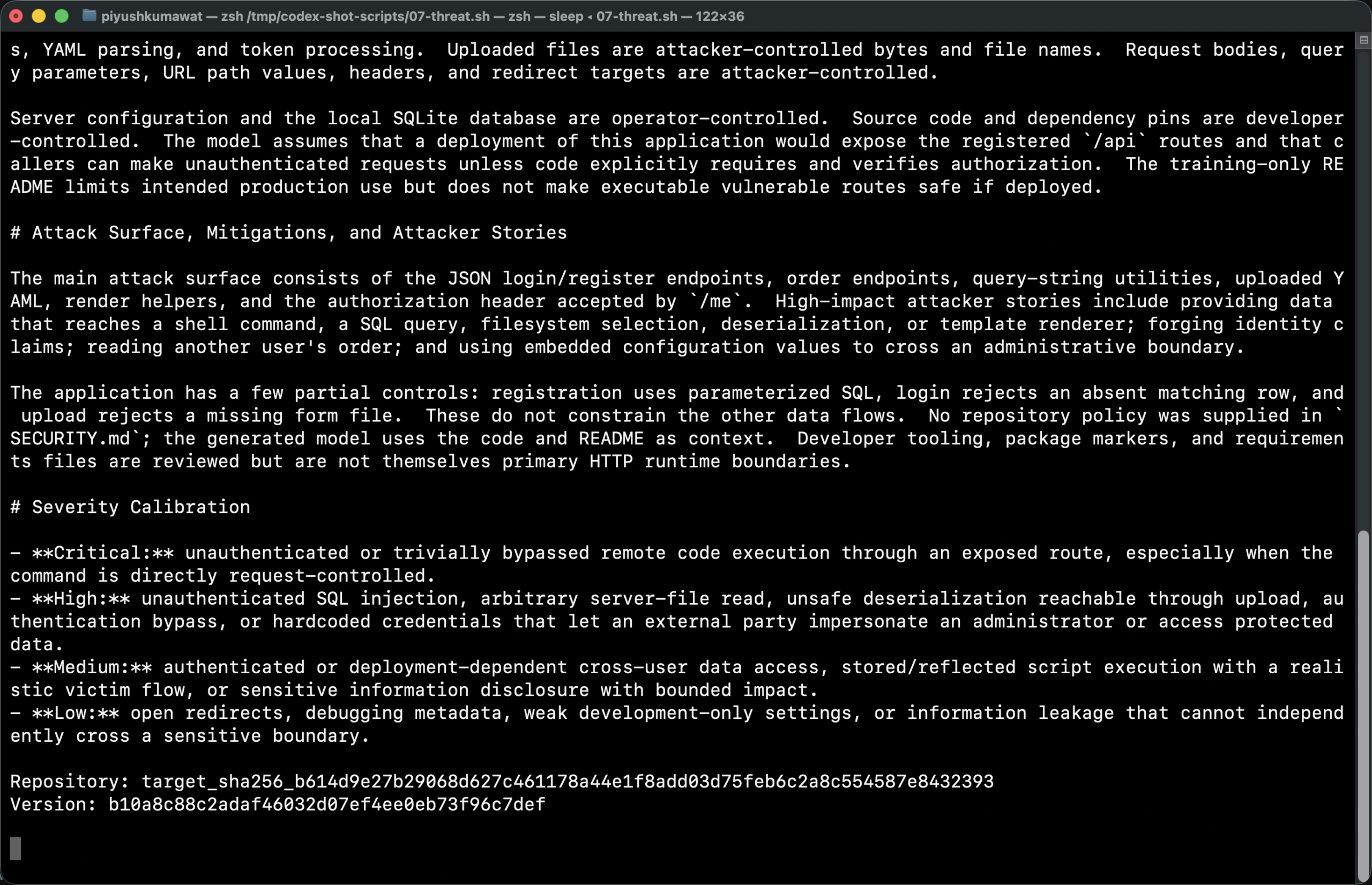 Preview of Codex Security threat_model.md with assets, attack surface, and severity calibration