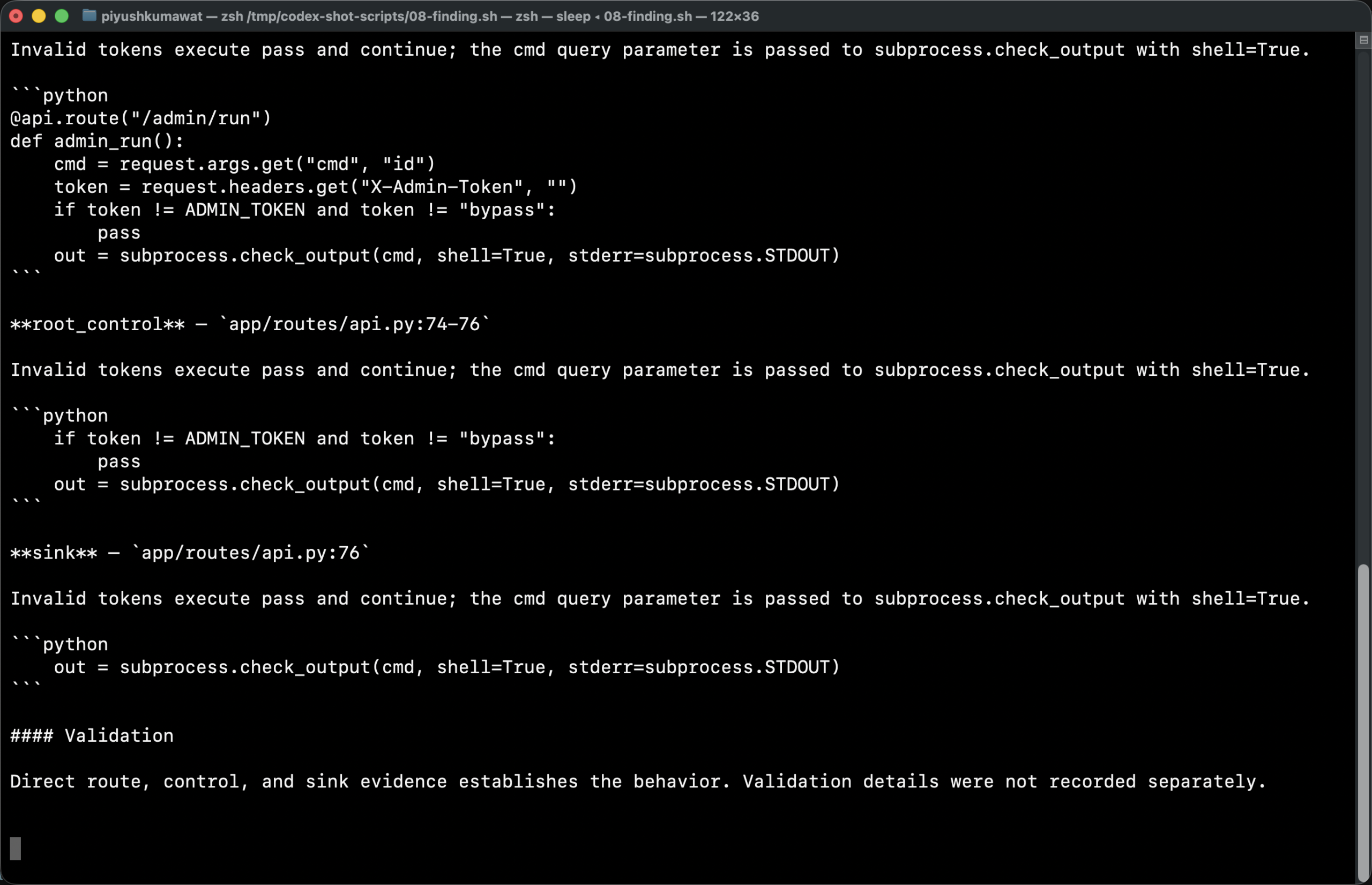 Preview of a critical finding write-up in report.md with source, control, sink, and remediation