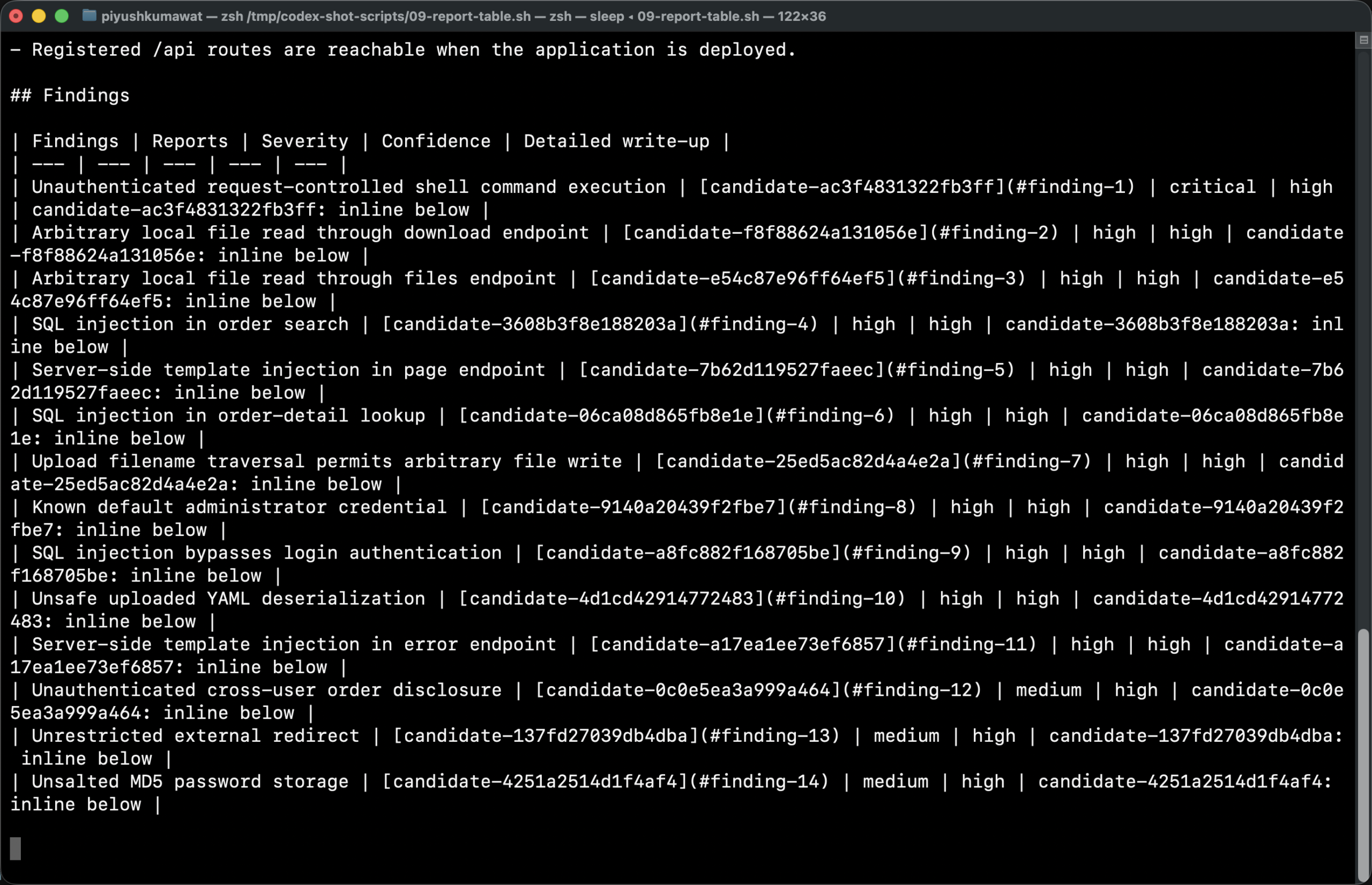 Preview of report.md scan summary and 14-finding severity table