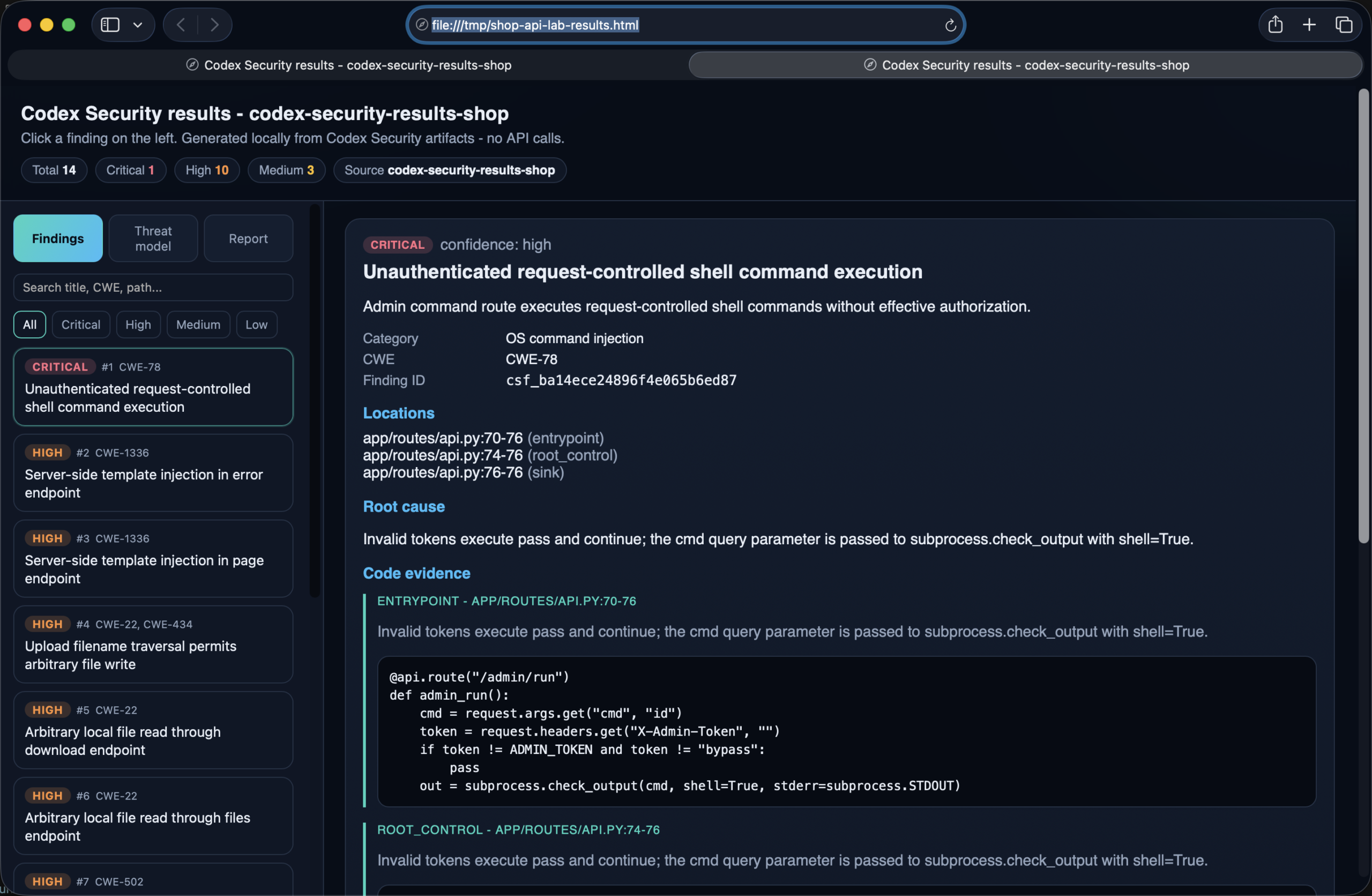 Clickable HTML overview of Codex Security findings with filters and detail pane