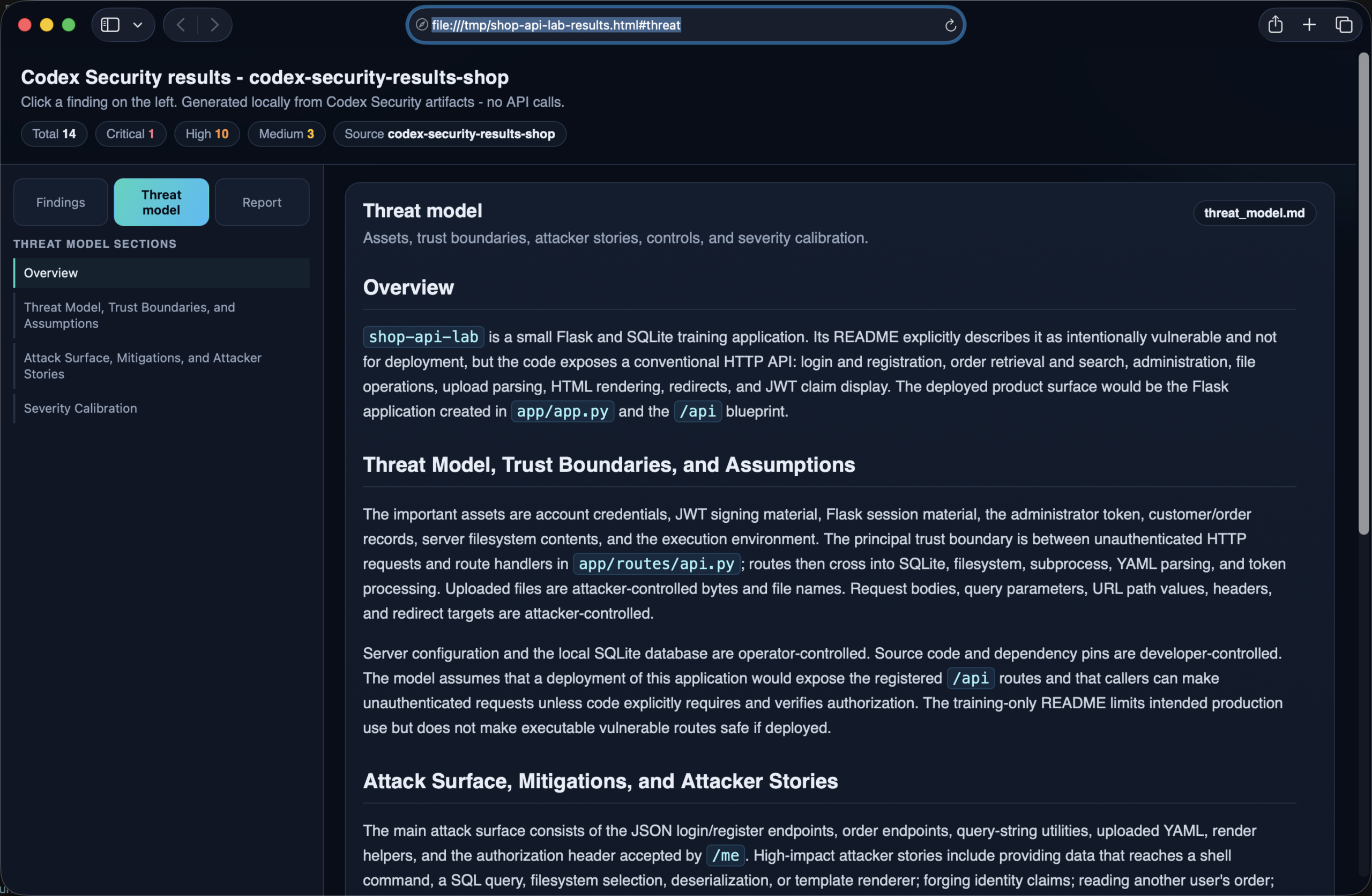 Rendered Threat Model tab with section navigation, assets, trust boundaries, and attacker stories