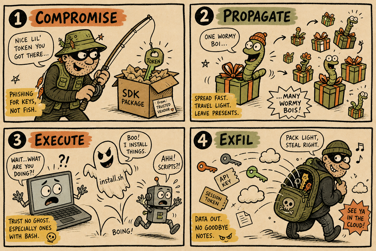 Four-panel comic of a supply chain worm attack: steal a token, spread through packages, run an install script, then exfiltrate API keys