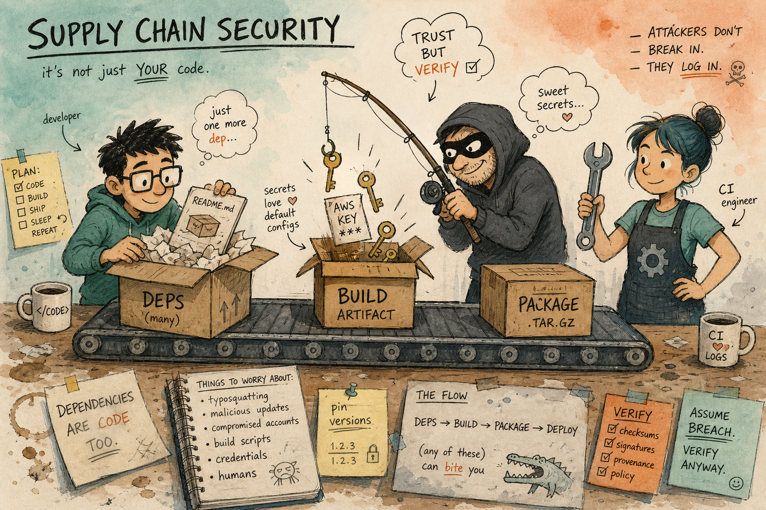 Hand-drawn cartoon of a developer unpacking dependencies while a sneaky attacker fishes AWS keys from a build artifact and a CI engineer watches the package step