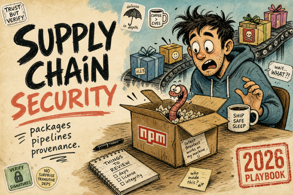 Cartoon developer shocked as a worm pops out of an npm package, with hand-lettered Supply Chain Security 2026 Playbook title