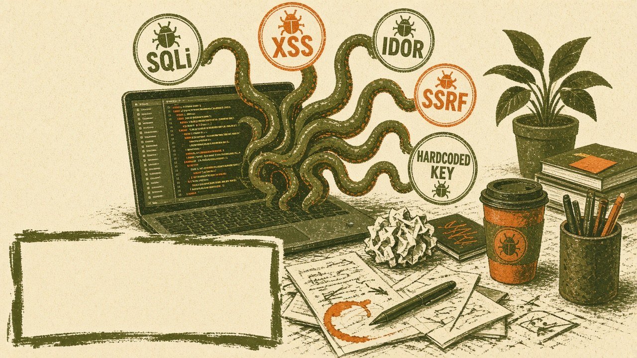 Risograph-style desk scene where a laptop spews stamped bugs labeled SQLi, XSS, IDOR, SSRF, and HARDCODED KEY in olive and rust ink