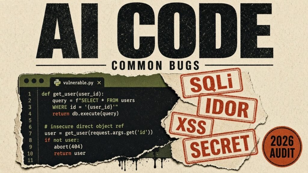 AI CODE COMMON BUGS risograph thumbnail with rubber-stamped SQLi IDOR XSS SECRET warnings on cream paper, 2026 AUDIT badge