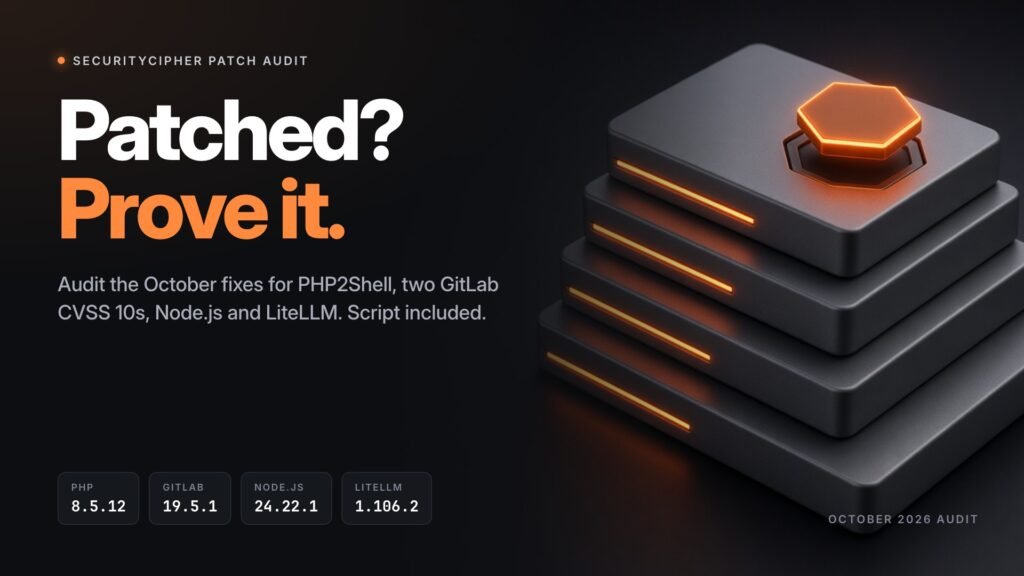 October 2026 patch audit: did the patch work? PHP 8.5.12, GitLab 19.5.1, Node.js 24.22.1 and LiteLLM 1.106.2 over a dark server stack with an orange patch plate