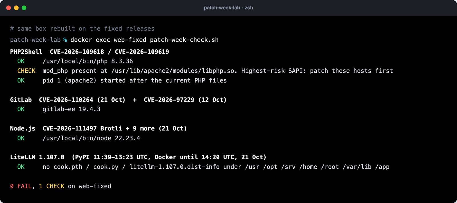 patch-week-check.sh output on the patched lab box: OK for PHP 8.3.36, GitLab 19.4.3, Node 22.23.4 and no LiteLLM payload files