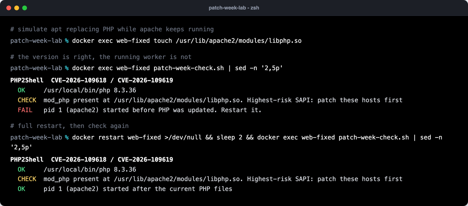 Checker flags apache started before PHP was updated, then passes after a full restart