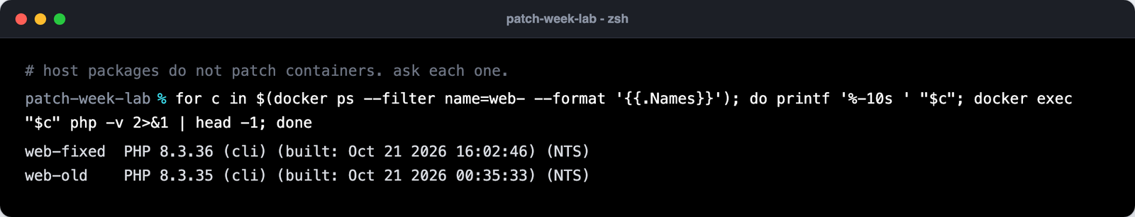 Loop over running containers printing php -v: web-fixed on 8.3.36, web-old on 8.3.35