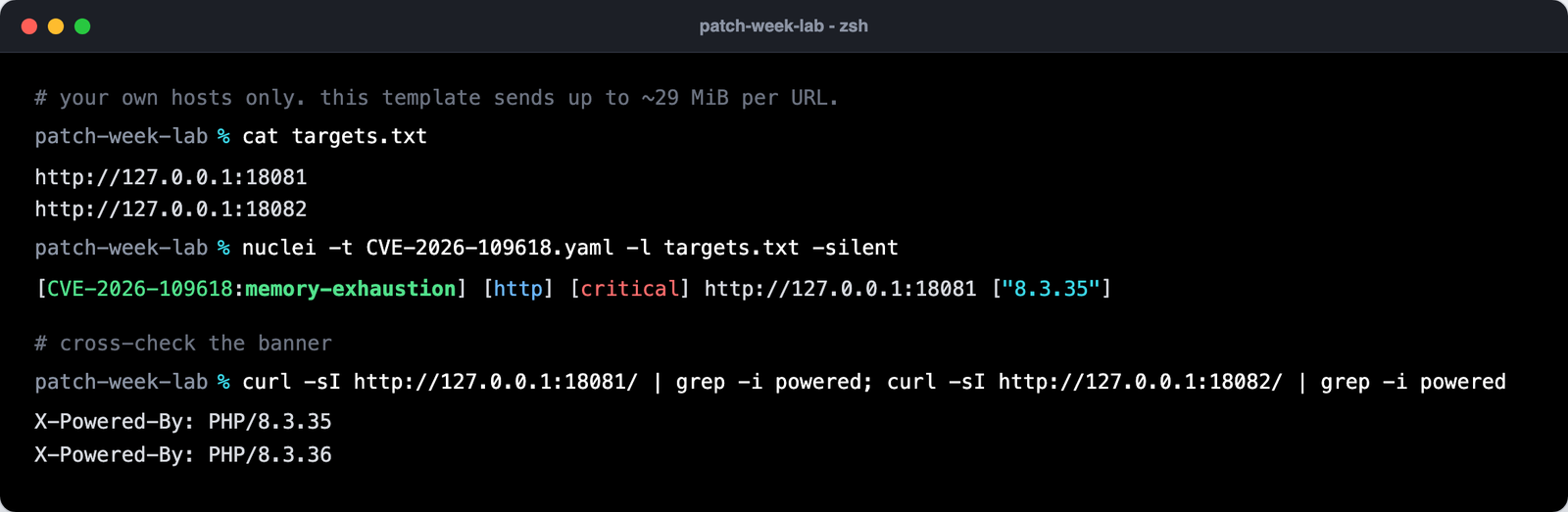 Nuclei CVE-2026-109618 template flags the PHP 8.3.35 lab container and stays quiet on 8.3.36