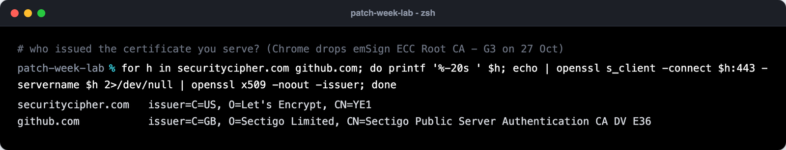 openssl loop printing the certificate issuer for two hostnames