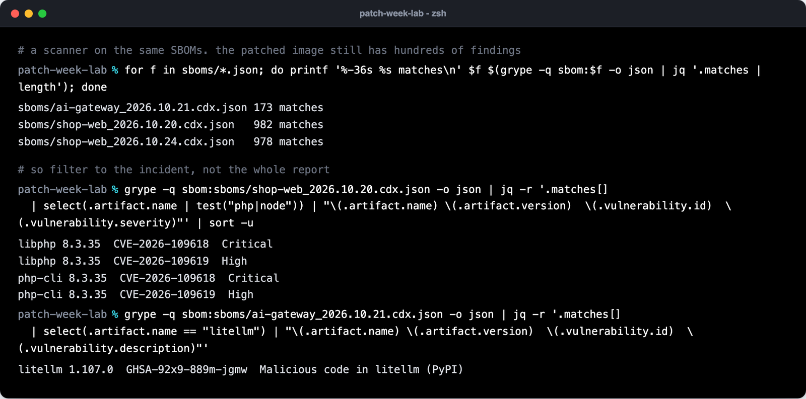 grype reports 982 and 978 matches for the old and patched web images, then a filtered view showing the PHP2Shell CVEs and the LiteLLM malicious package advisory