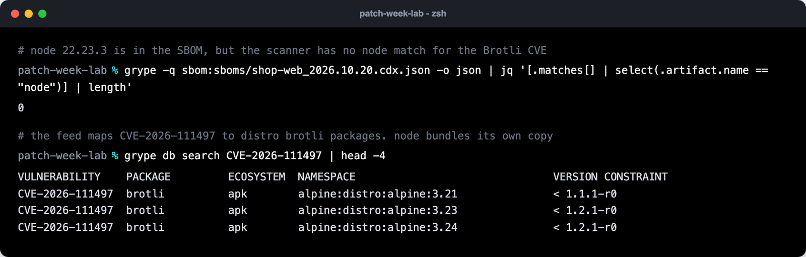 grype has zero matches for node 22.23.3, and its database maps CVE-2026-111497 only to Alpine brotli packages